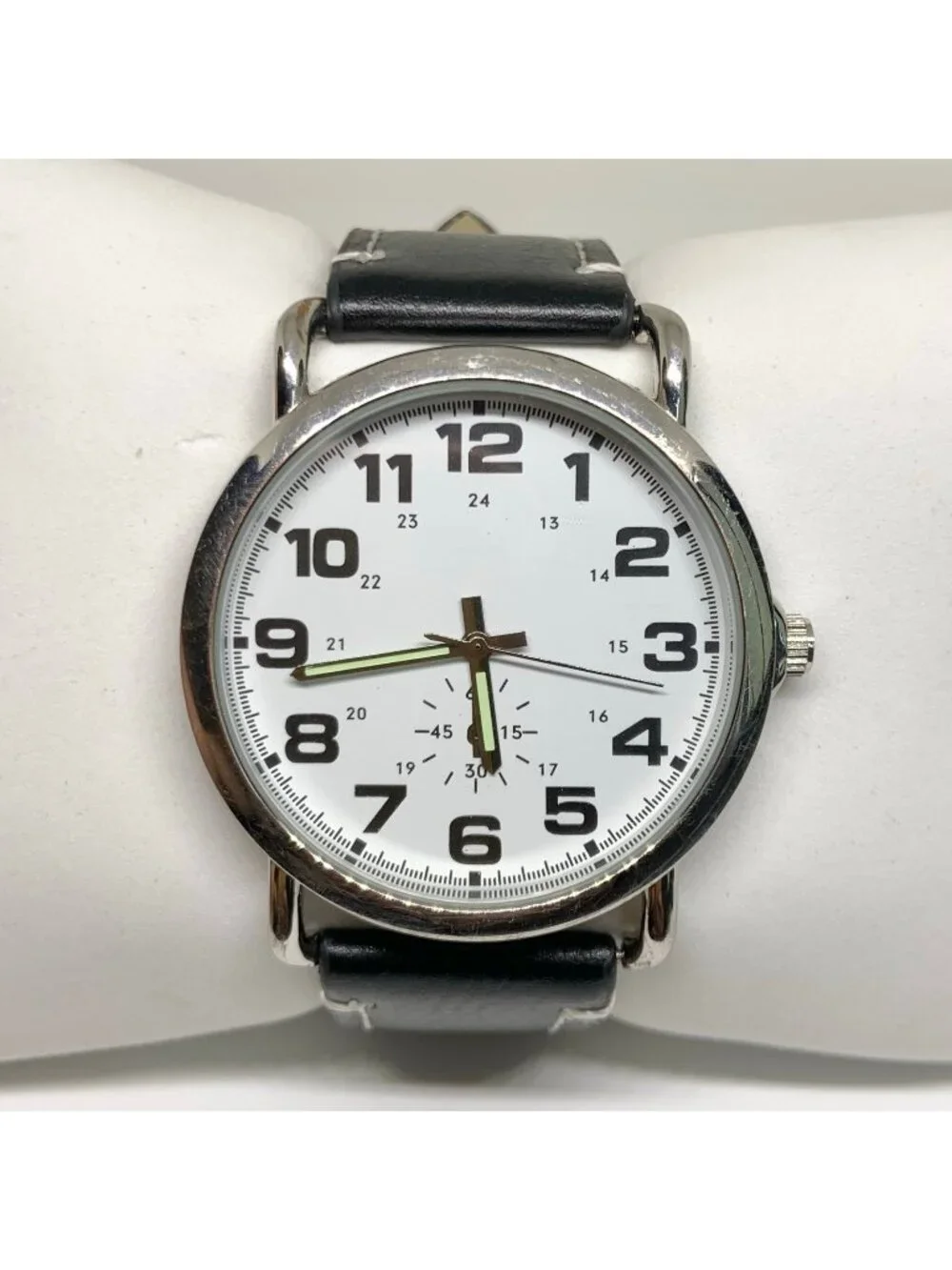 SilverTone tone men’s watch 42mm quartz analog white dial black leather running